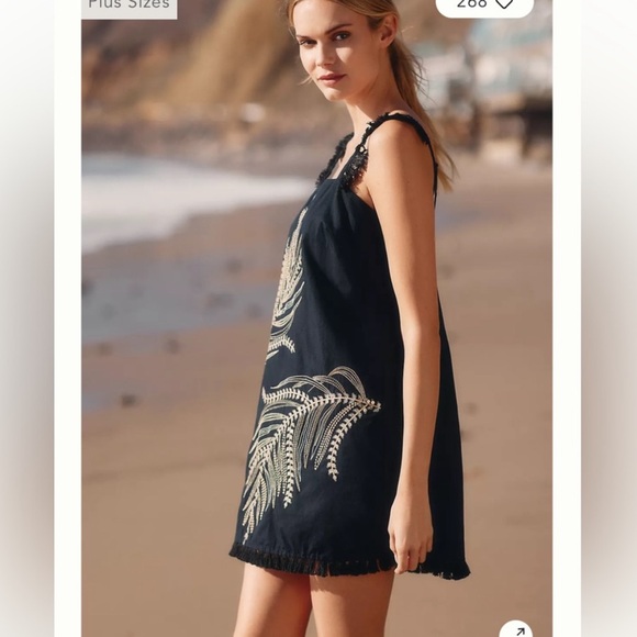 ANTHROPOLOGIE SARIAH BLACK & GOLD PALM FRINGE MINI COTTON DRESS GREAT COND (M) - Picture 2 of 9